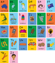 Load image into Gallery viewer, set includes 26 delightfully illustrated Flash cards featuring an all-Australian inspired alphabet