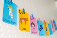 Load image into Gallery viewer, Colourful Australian made and themed flash cards for kids which you can hang up on display to make learning fun