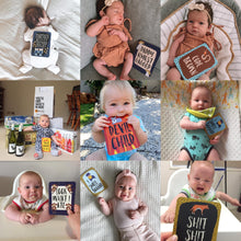 Load image into Gallery viewer, Australian made baby milestone cards featuring colourful fun animals and hilarious captions