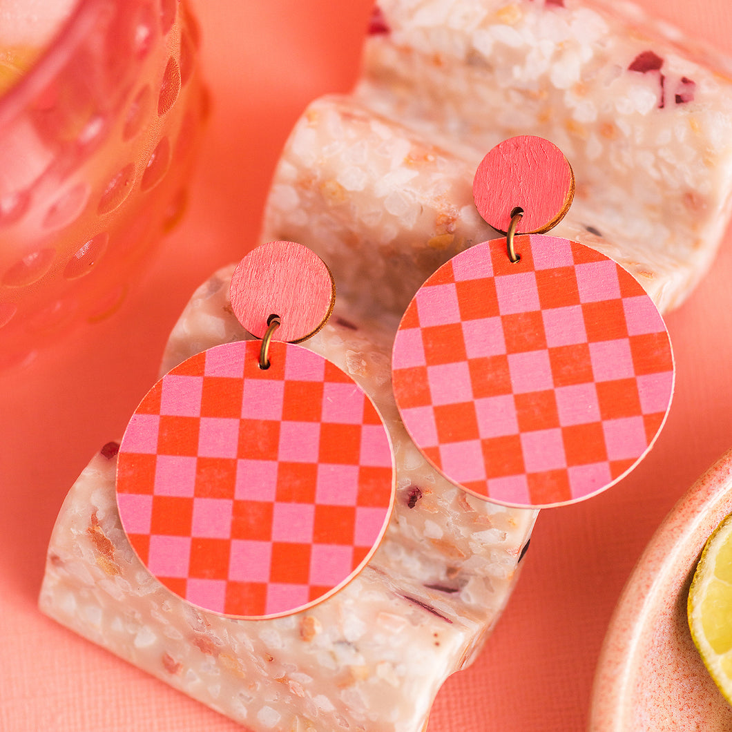 Check Dangle Earrings - Orange & Pink