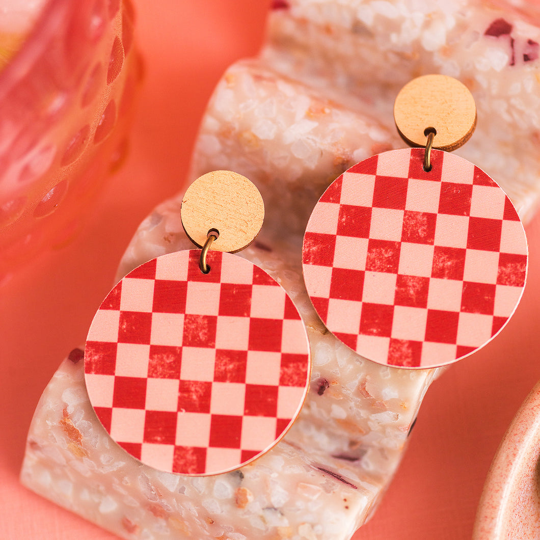 Check Dangle Earrings - Burnt Tan & Soft Pink