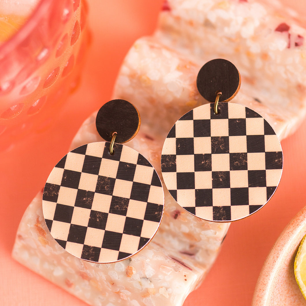 Check Dangle Earrings - Black & Beige