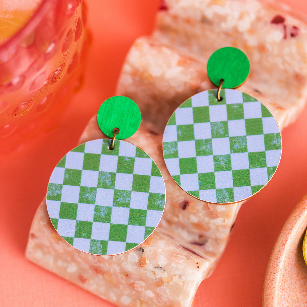 Check Dangle Earrings - Emerald Green & Blue Checks