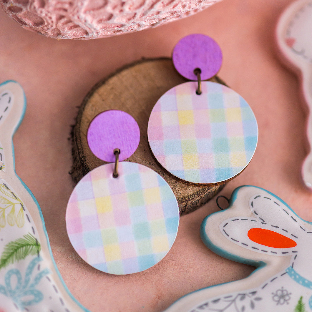 Easter Gingham - Soft Pastels with Lilac - Handmade Easter Earrings