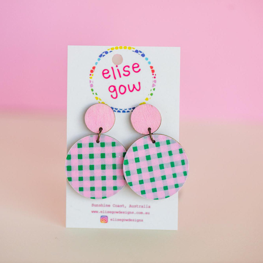 Go Gaga for Gingham - Handmade Earrings - Light Pink & Green