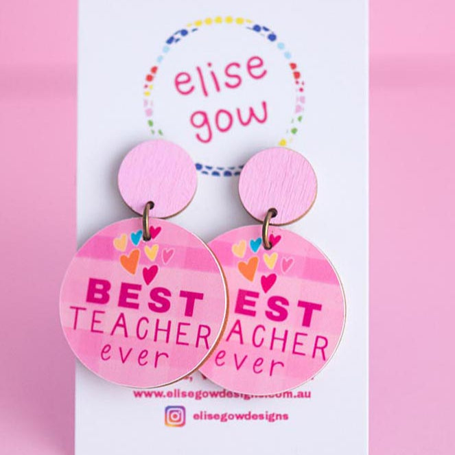 Handmade Earrings - Best Teacher Ever - Pink with Hearts