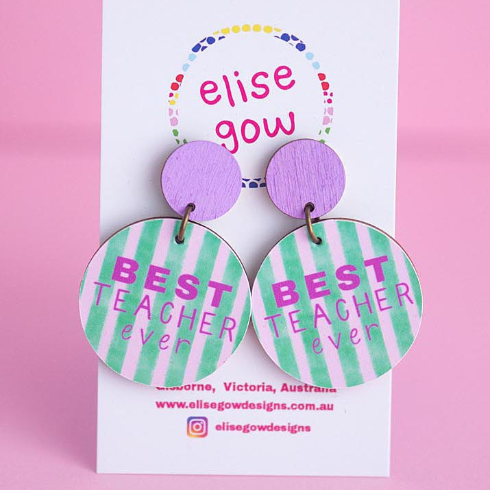 Handmade Earrings - Best Teacher Ever - Lilac & Green