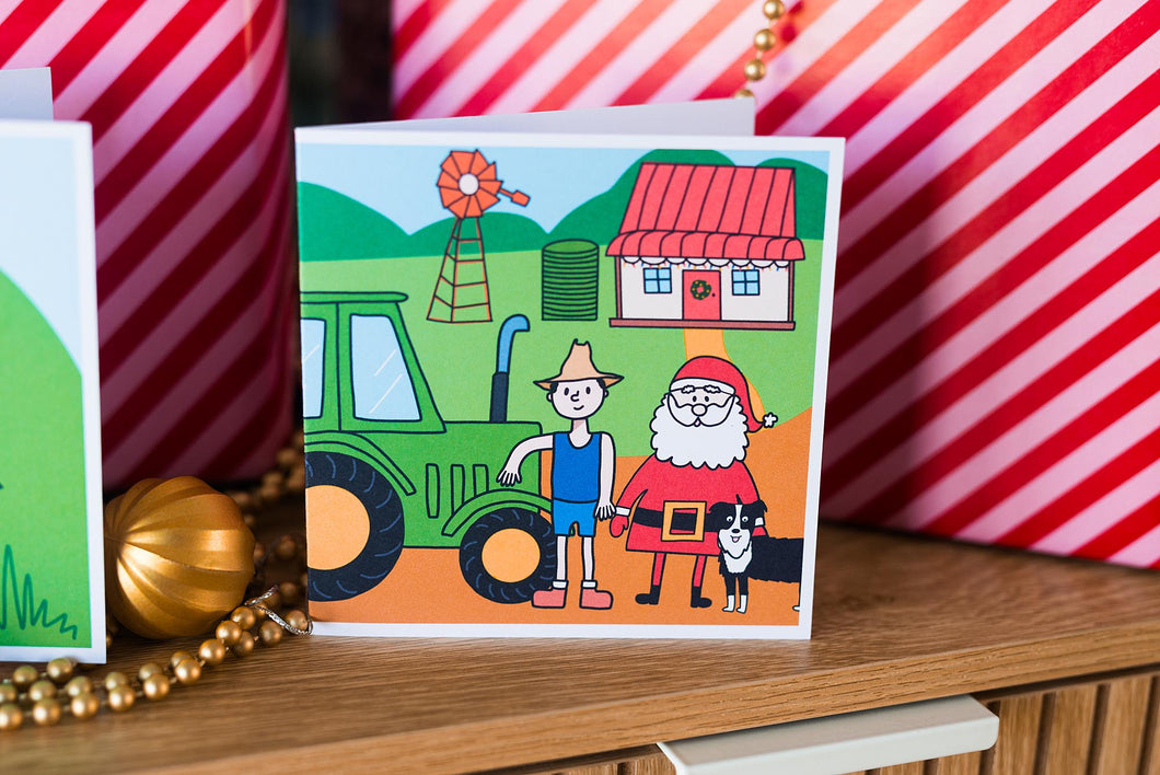 Christmas at Happy Farm - Greeting Card - Farmer & Santa Claus