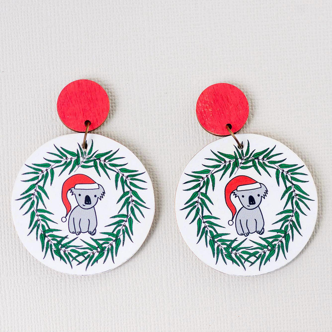Christmas Koalas in Gumleaf Wreath - Handmade Earrings