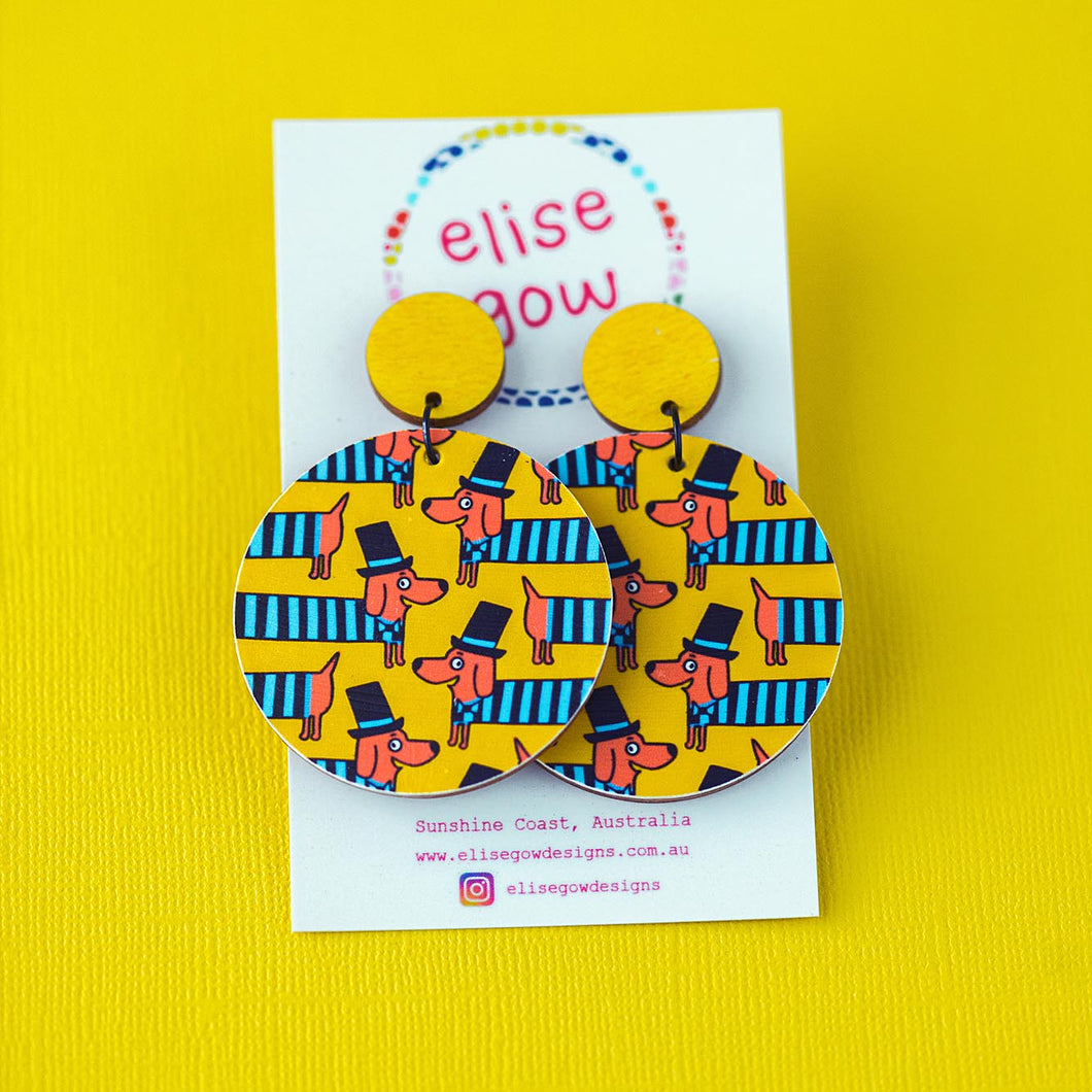 Daschund Sausage Dogs in Jumpers - Yellow & Blue - Handmade Earrings