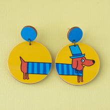 Load image into Gallery viewer, Daschund Stretch - Sausage Dog in Jumper - Yellow &amp; Blue - Handmade Earrings
