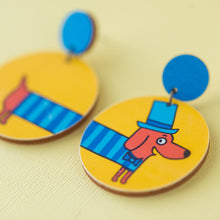Load image into Gallery viewer, Daschund Stretch - Sausage Dog in Jumper - Yellow &amp; Blue - Handmade Earrings
