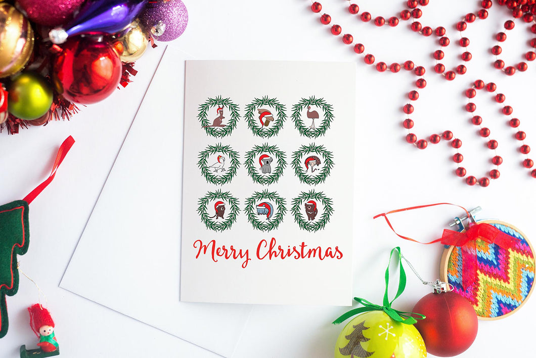 9 Aussie Animals in Wreaths Christmas Card