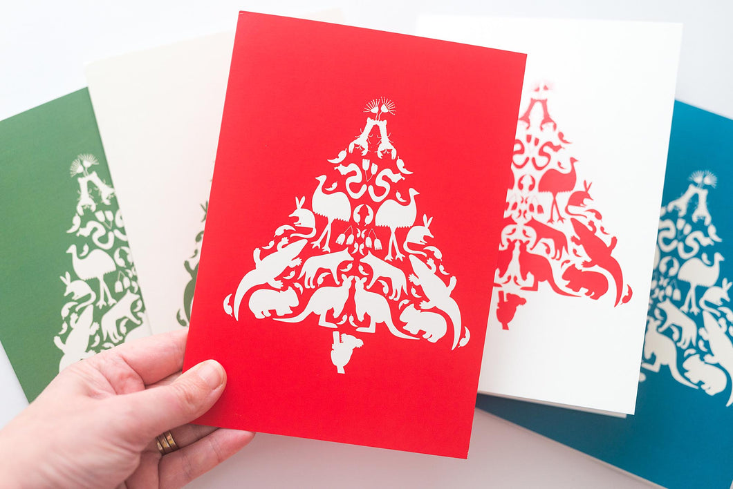 Christmas Cards - Scandi Style Christmas Tree Featuring Aussie Animals