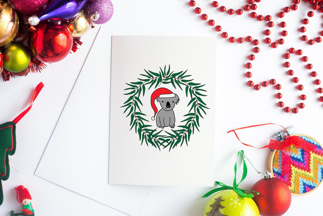 Koala in Gum Leaf Wreath Christmas Card