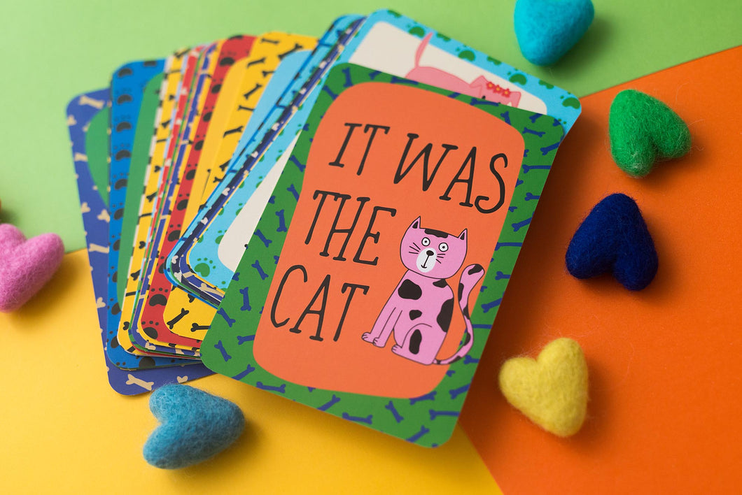 These cheeky caption cards for for new puppies or dogs who have been up to mischief like this card that says It was the cat!