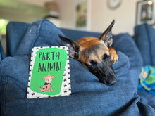 Load image into Gallery viewer, Party animal - funny caption cards for dogs or a puppy who is all partied out. Perfect gift for a dog owner.
